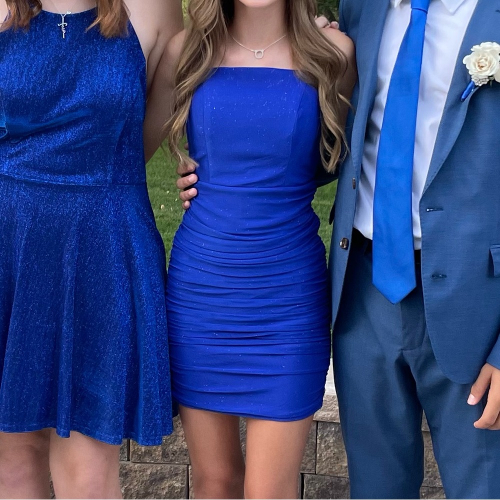 Blue Strapless Ruched Mini Dress - Brand: